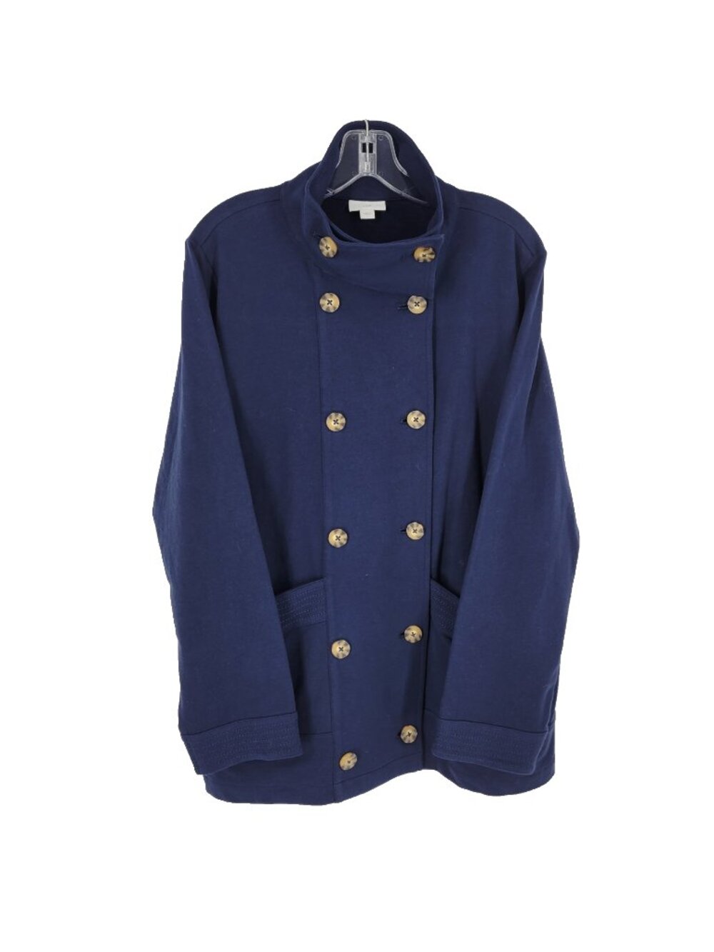 J.Jill L Navy Double Breasted Knit Jacket Convertible Funnel Neck Cotton